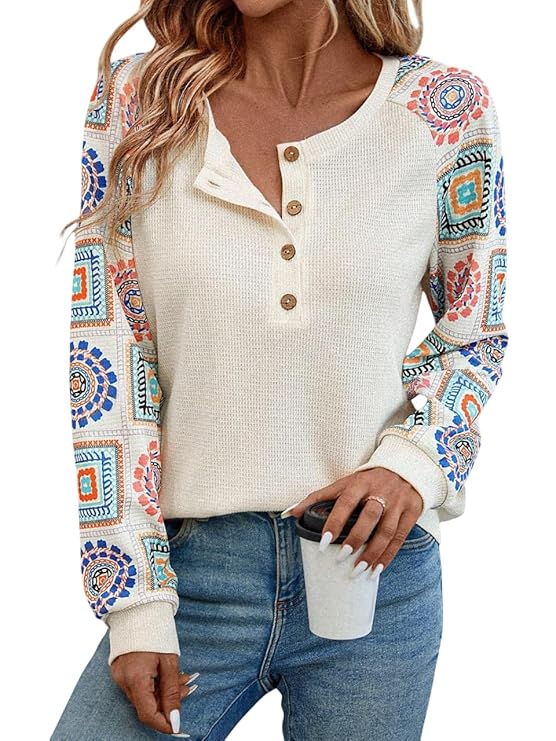 TAGAS Geometric Regular Fit Floral Print Round Nack Full l Long Sleeve Trendy TOP for Womens